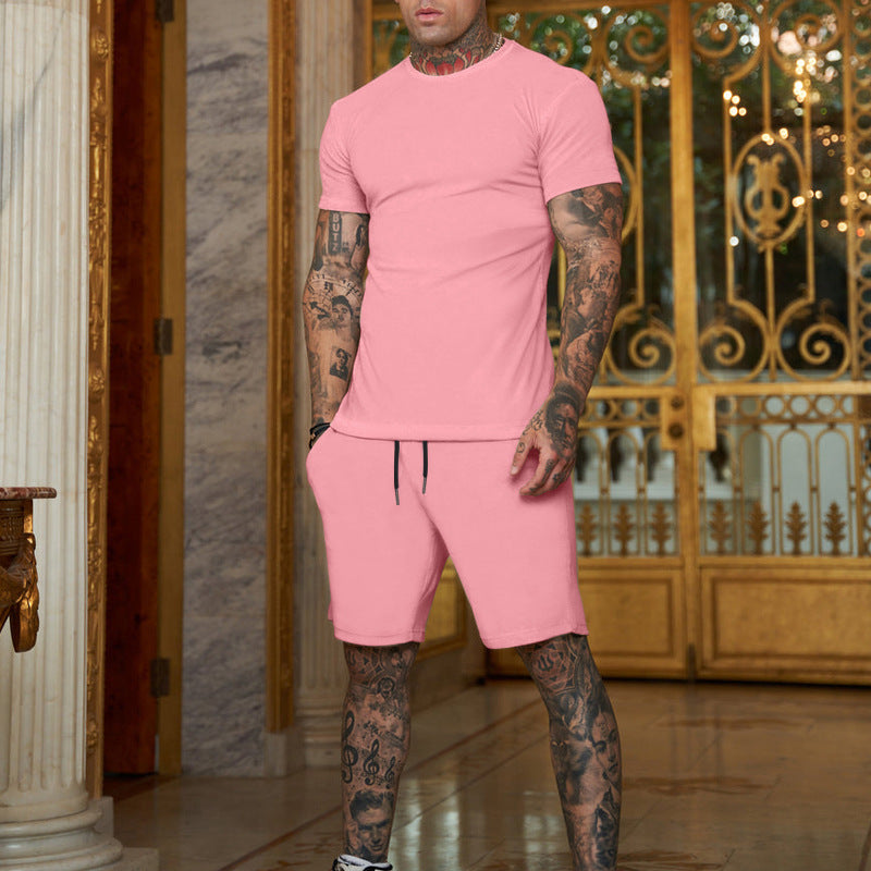 Men's slim Jersey set with round neck shirt and elastic drawstring shorts