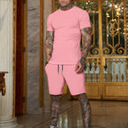 Men's slim Jersey set with round neck shirt and elastic drawstring shorts