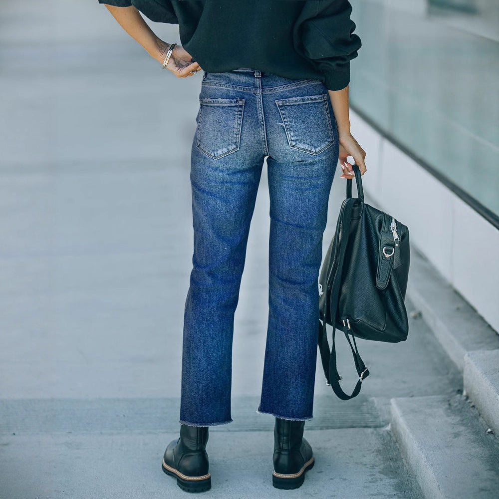 Women's Cropped Jeans with Distressed Details
