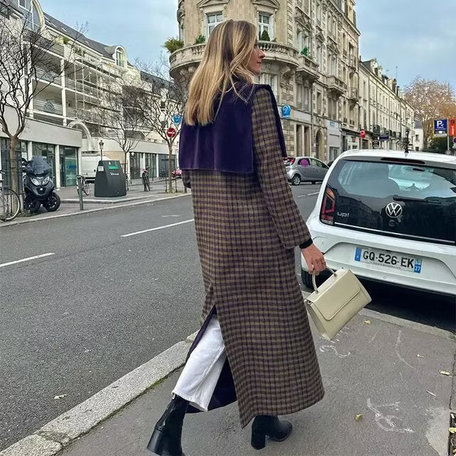 Women's Plaid Trench Coat with Luxurious Velour Details