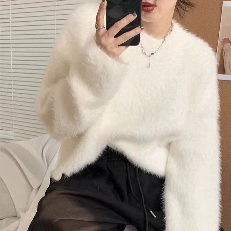 Women's Fluffy Pullover with Casual Fit and High Crew Neck