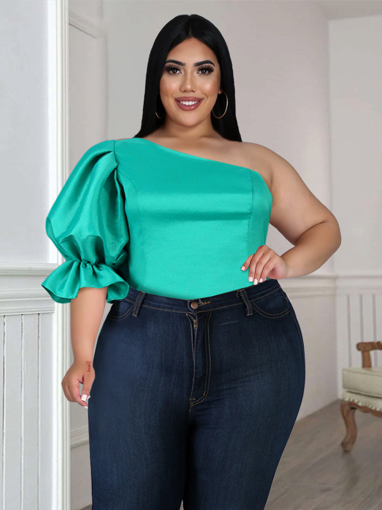 Women's Blouse with Asymmetrical Neckline and Voluminous Puff Sleeves