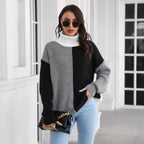 Women's Chunky Knit High-Neck Colorblock Sweater