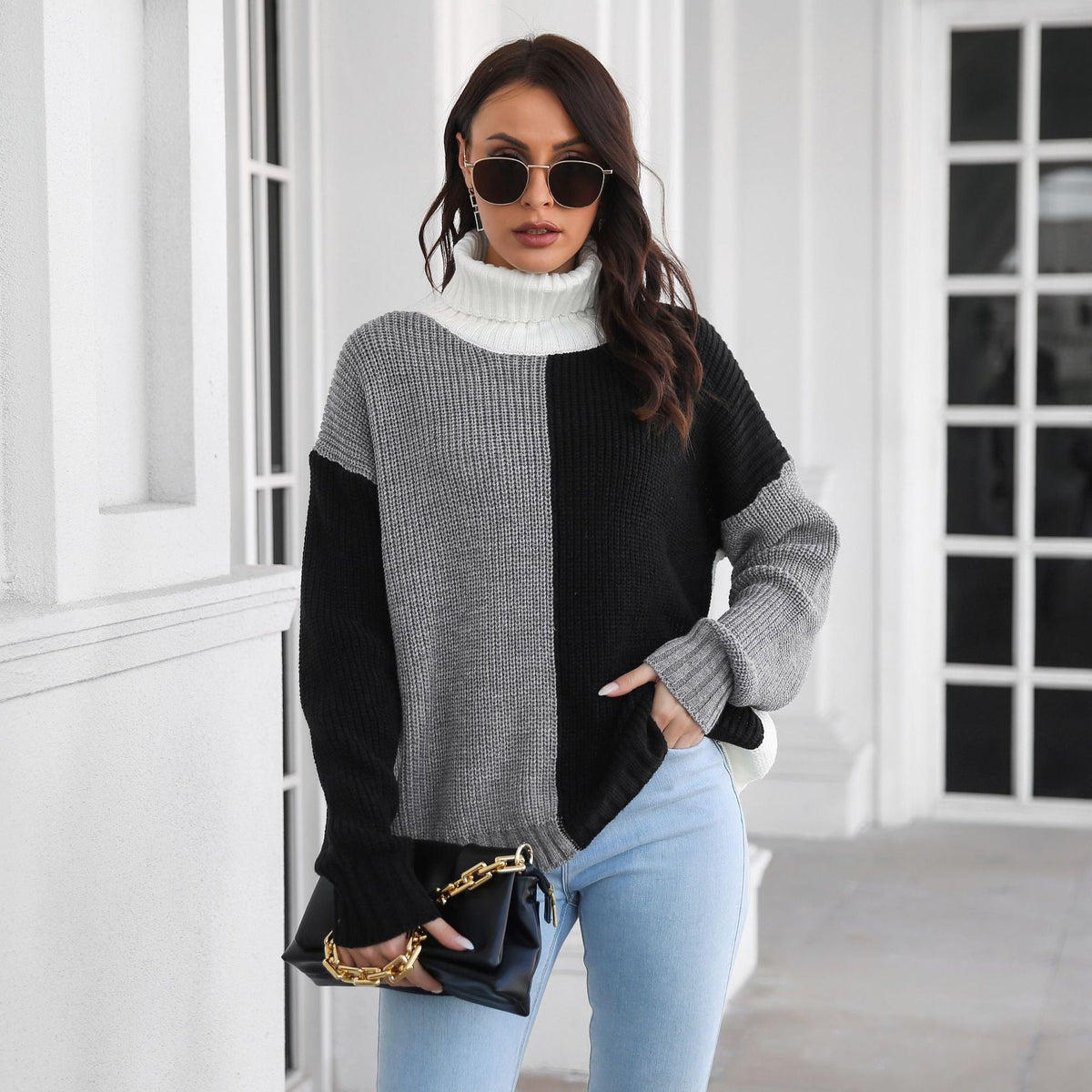 Women's Chunky Knit High-Neck Colorblock Sweater