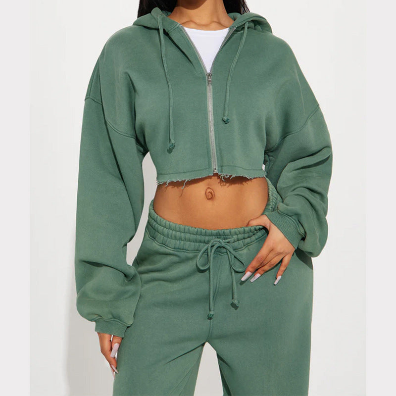 Women's Fleece Hooded Crop Top and Wide-Leg Jogger Lounge Set