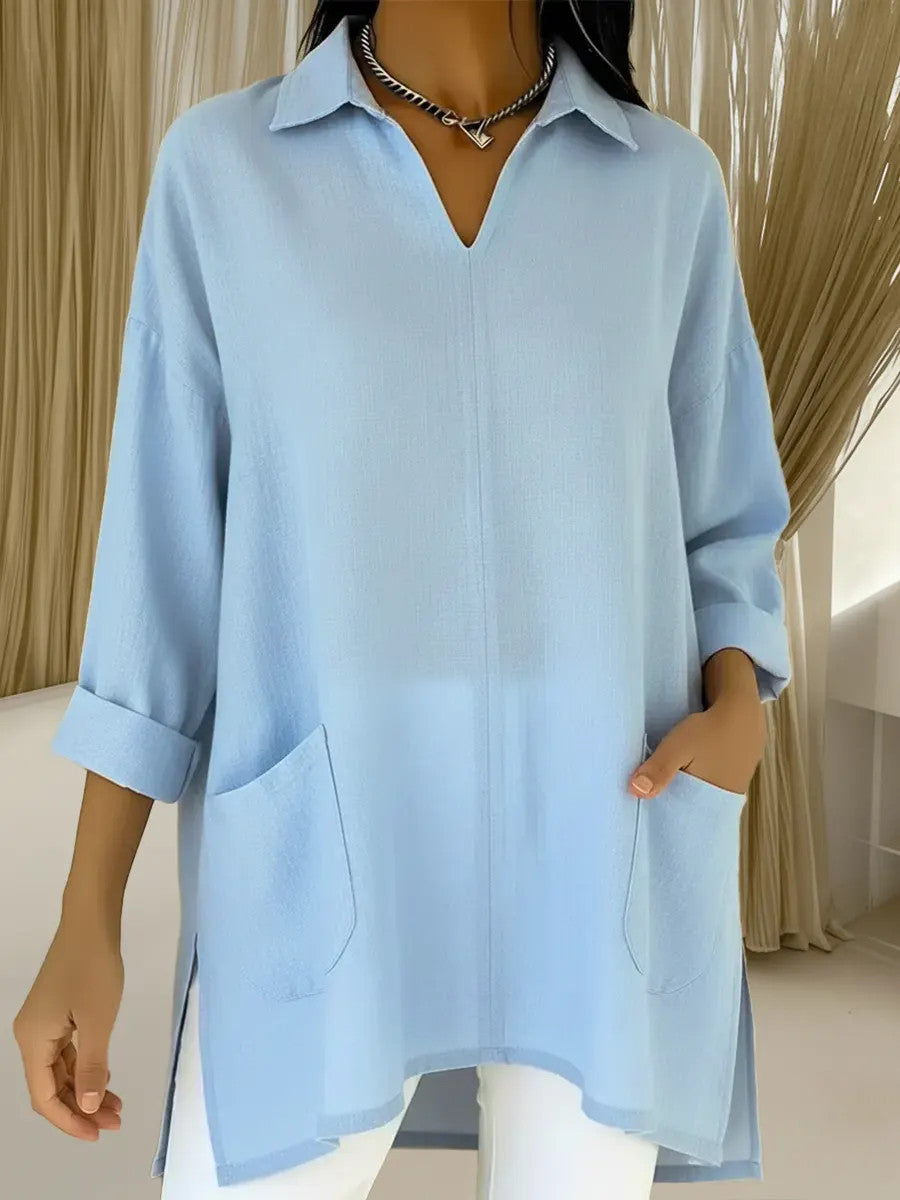 Women's Long-Sleeve Blouse with V-Neck and Pockets