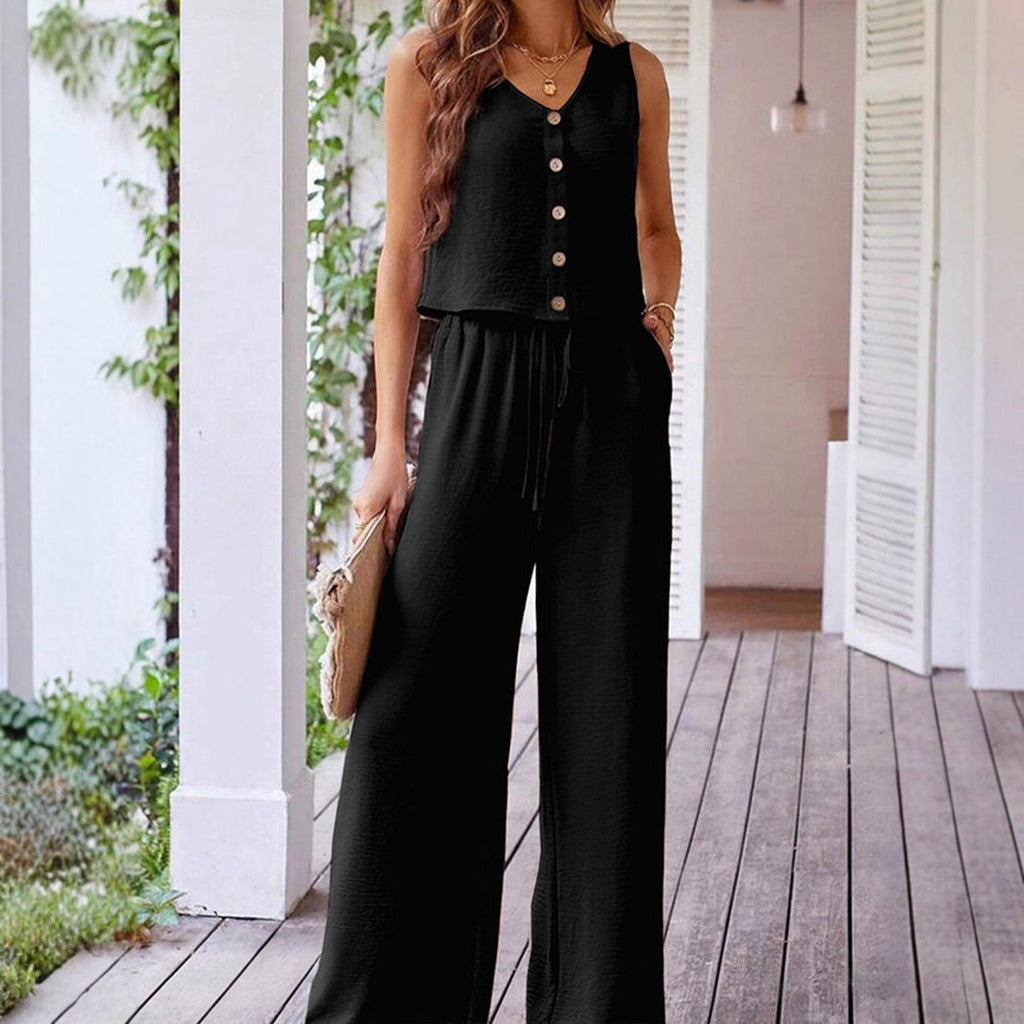 Women's Wide-Leg Jumpsuit with Button Detail