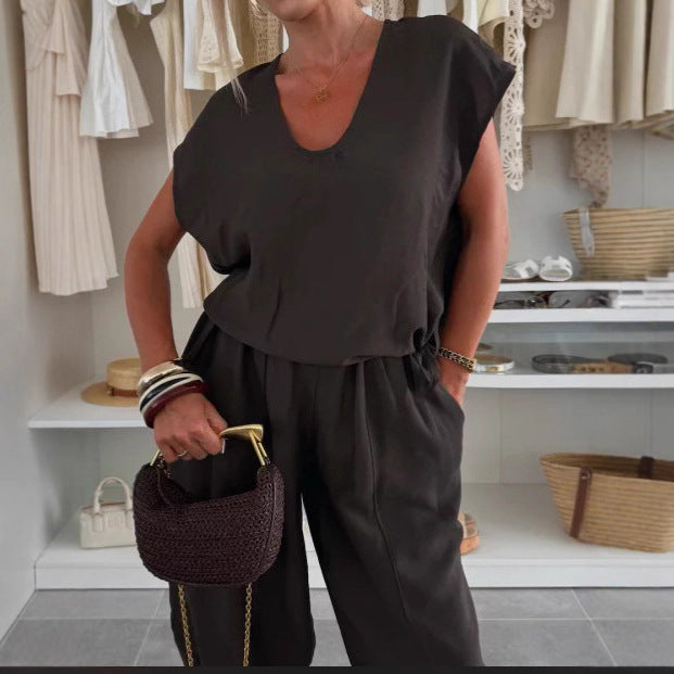 Women's Casual Jumpsuit with Elastic Waist and Pockets