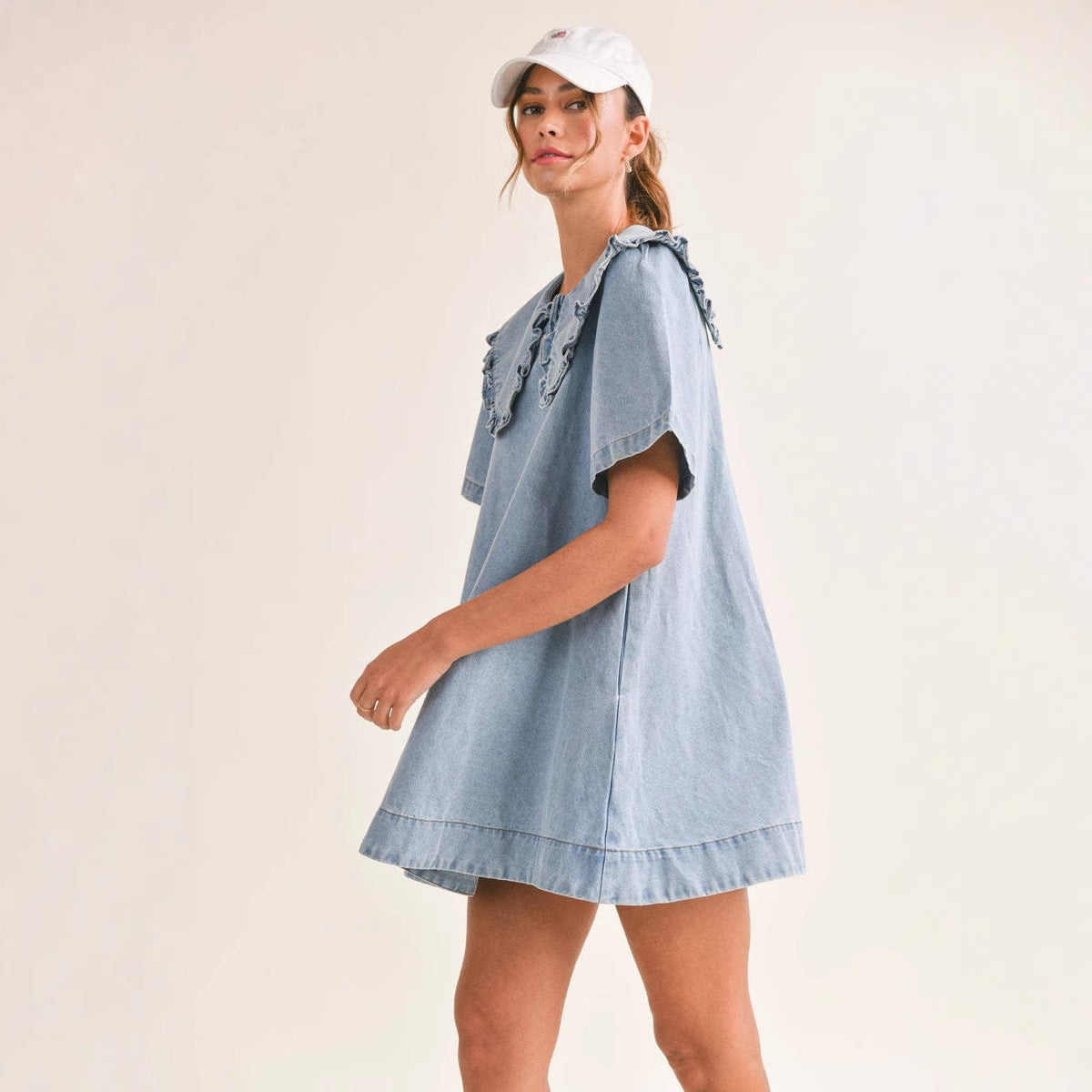 Women's Denim Dress with Ruffled Collar