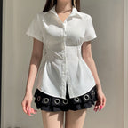 Women's Form-Fitting Short Sleeve Blouse with Ruching and Button Details