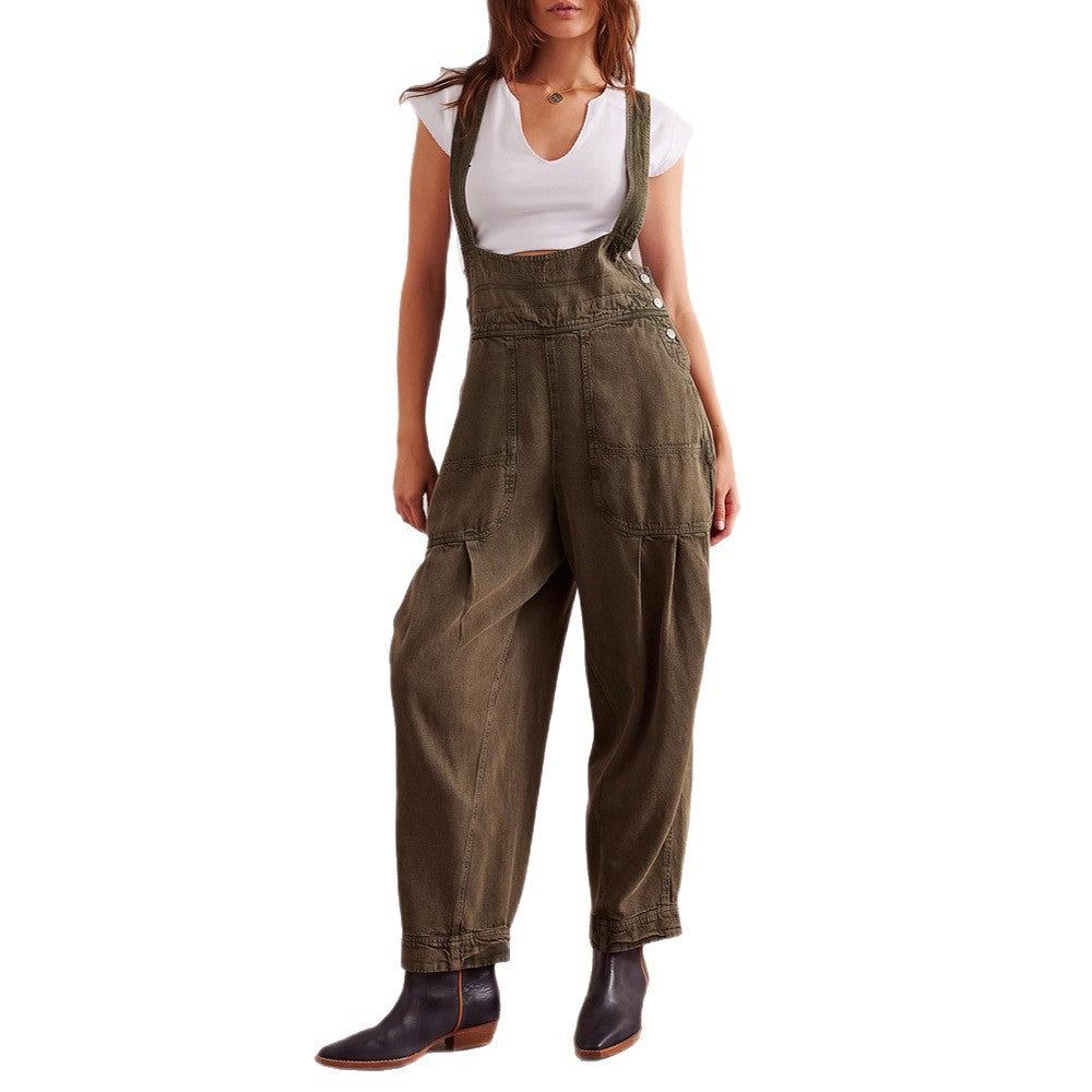 Women's Casual Denim Overall with V-Neck and Pockets