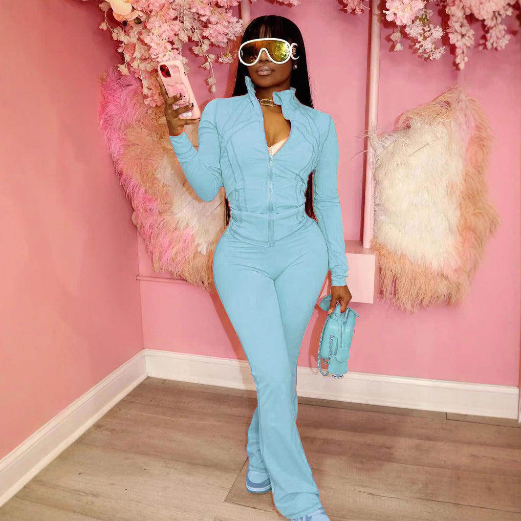 Figure-Hugging Tracksuit with Zipper and Flared Leg