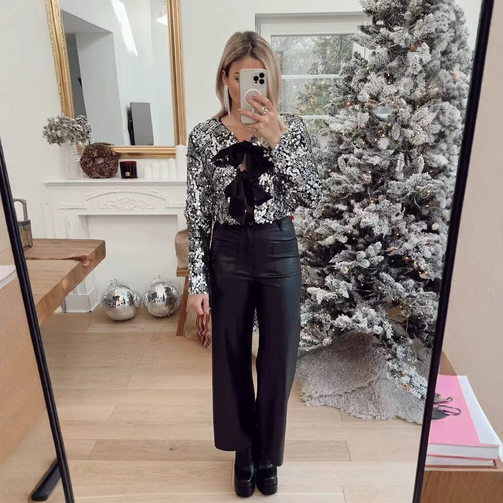 Women's Elegant Lurex Party Jacket with Ruffles and Bows