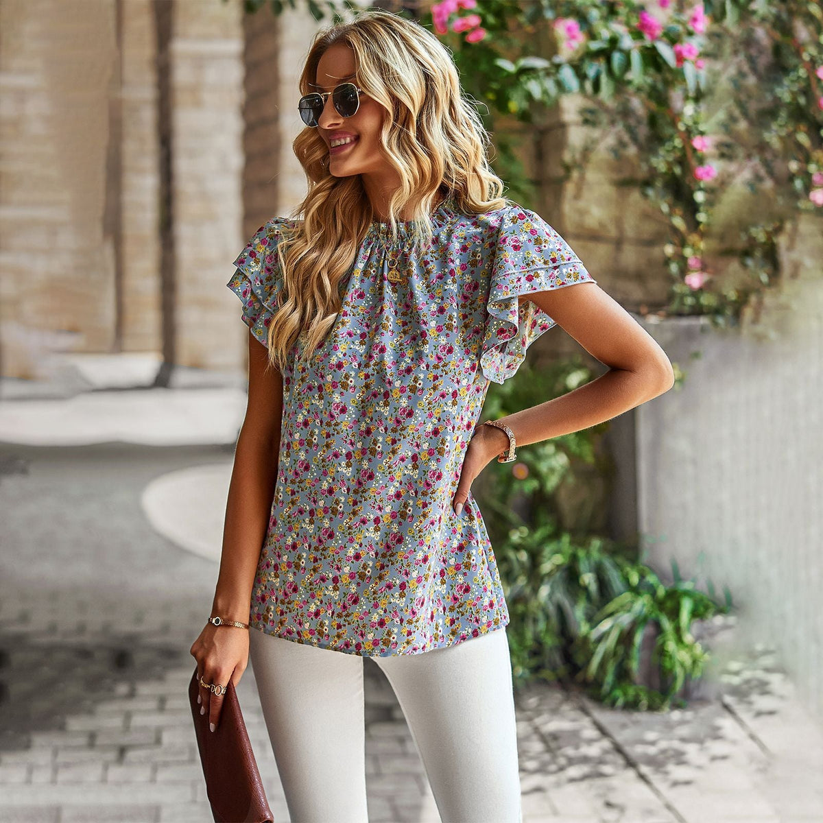 Women's Blouse with Floral Design and Ruffle Details