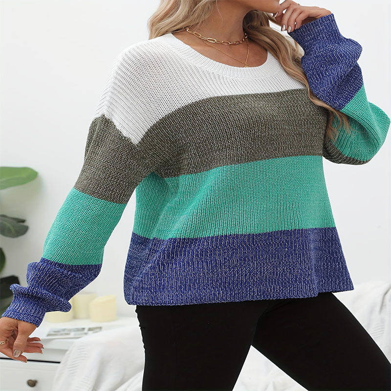 Women's Casual Sweater with Trendy Block Stripe Pattern