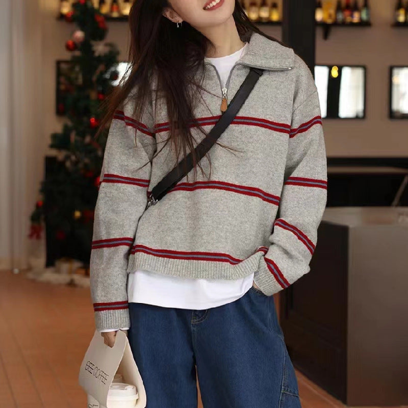 Women's Striped High-Neck Zipper Pullover