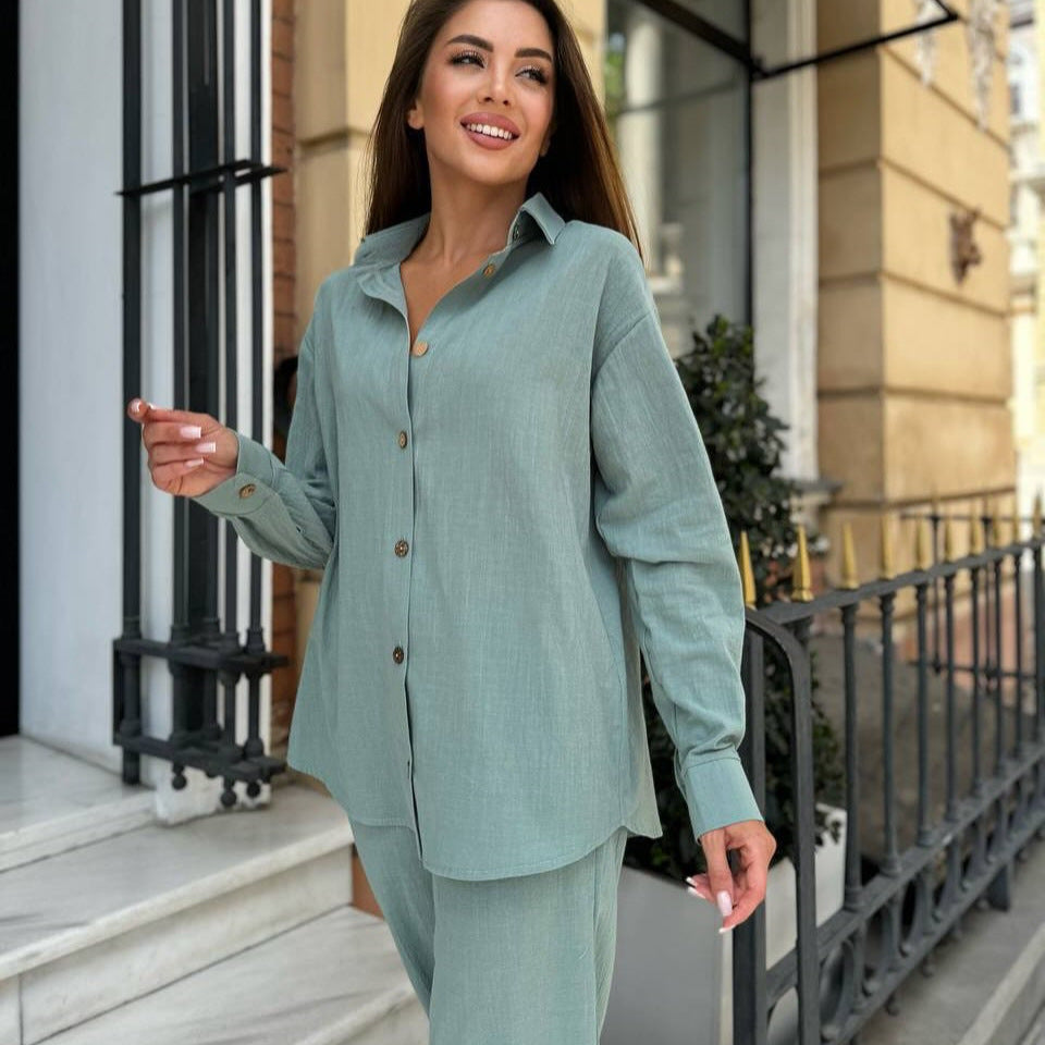 Women's Elegant Two-Piece Shirt and Wide-Leg Pants Set