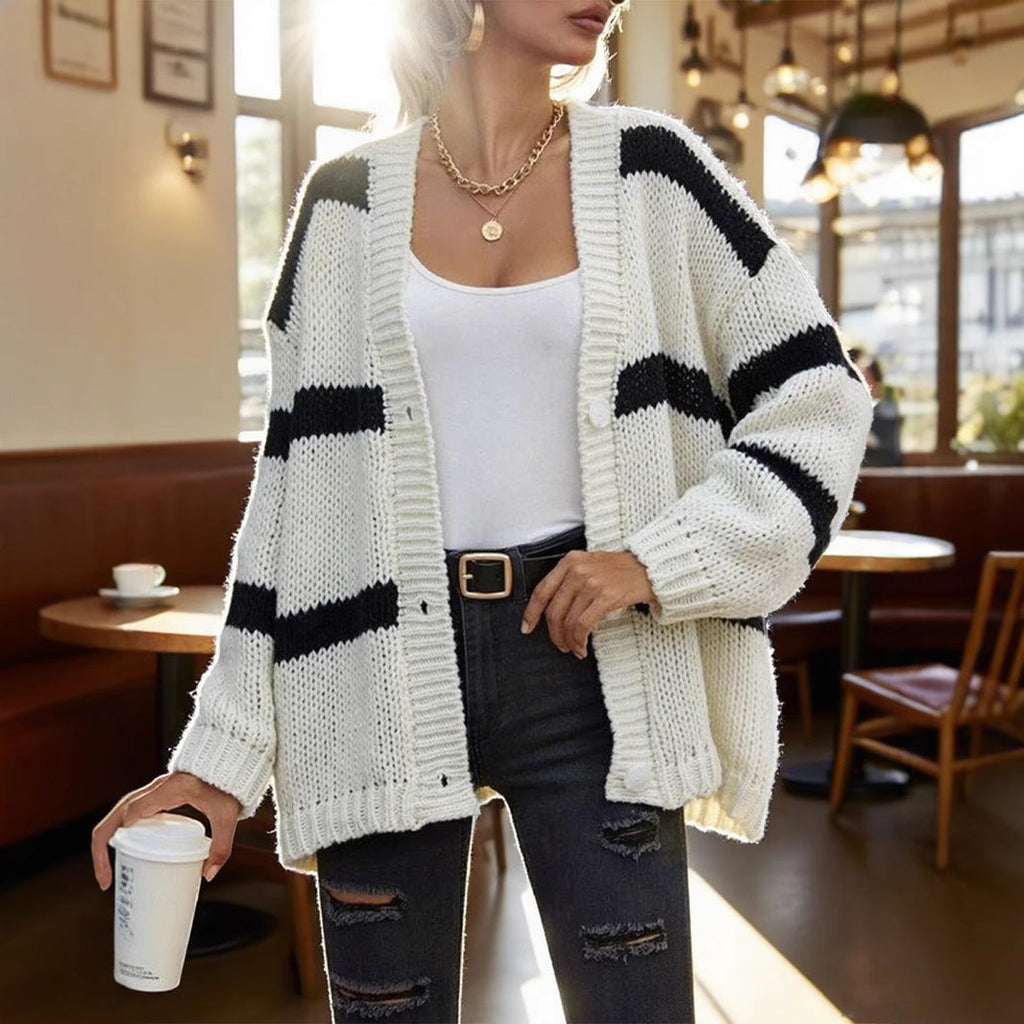Women's Chunky Knit Cardigan with Fashionable Stripes
