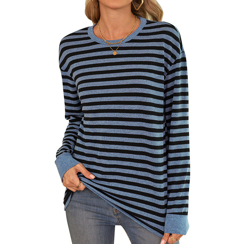 Women's Striped Long-Sleeve Shirt with Crew Neck