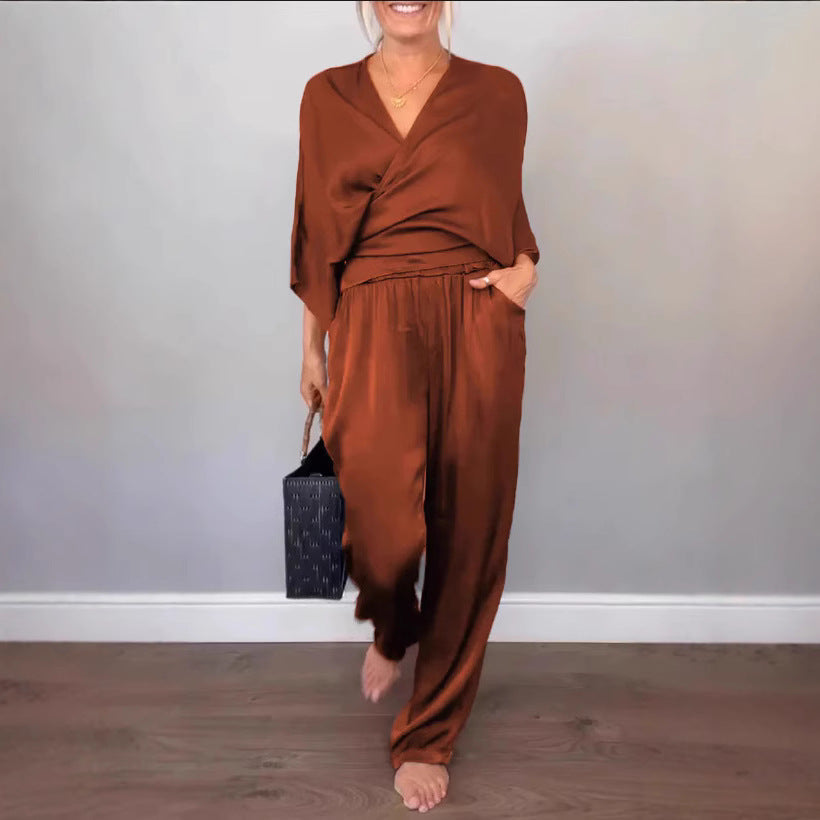 Women's Elegant Wrap Top with Wide Cut and Matching Palazzo Pants