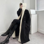 Women's Elegant Long Coat with Belt and Contrasting Sleeves