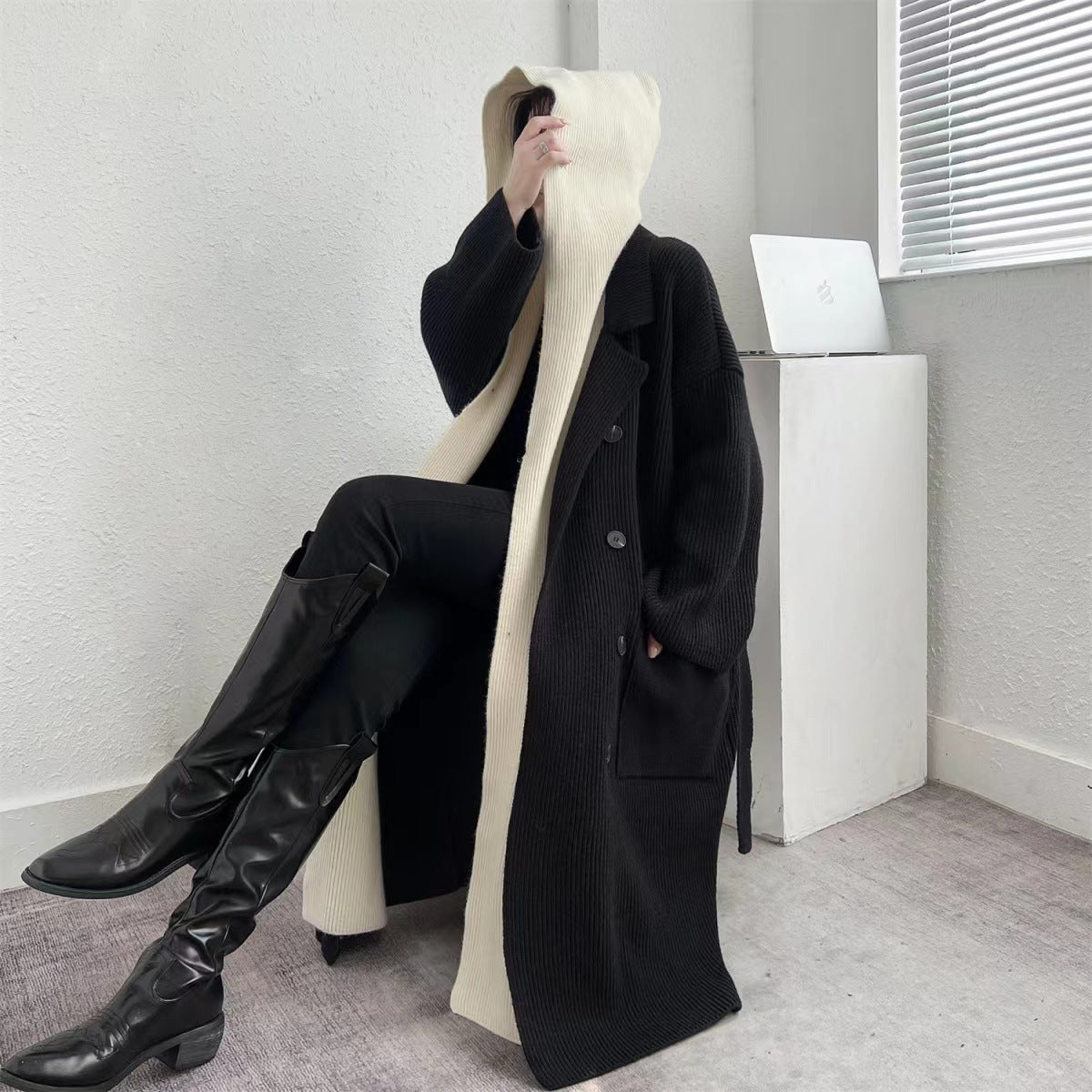 Women's Elegant Long Coat with Belt and Contrasting Sleeves