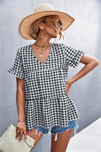 Women's Blouse with Ruffled Hem and Plaid Pattern