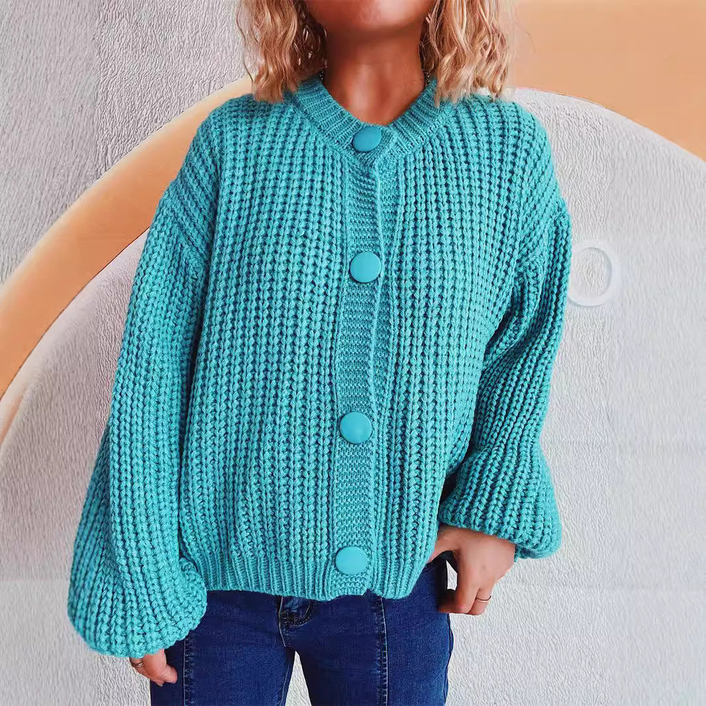 Women's Chunky Knit Cardigan with Balloon Sleeves and Decorative Buttons