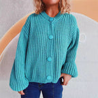 Women's Chunky Knit Cardigan with Balloon Sleeves and Decorative Buttons