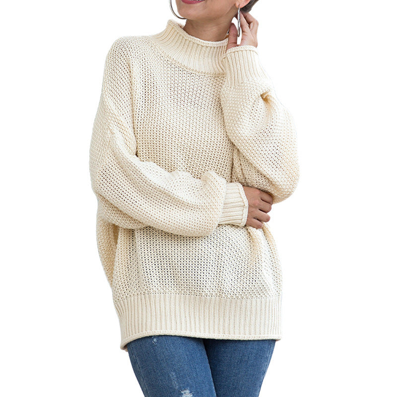 Women's Chunky Knit Sweater with High Collar and Loose Fit