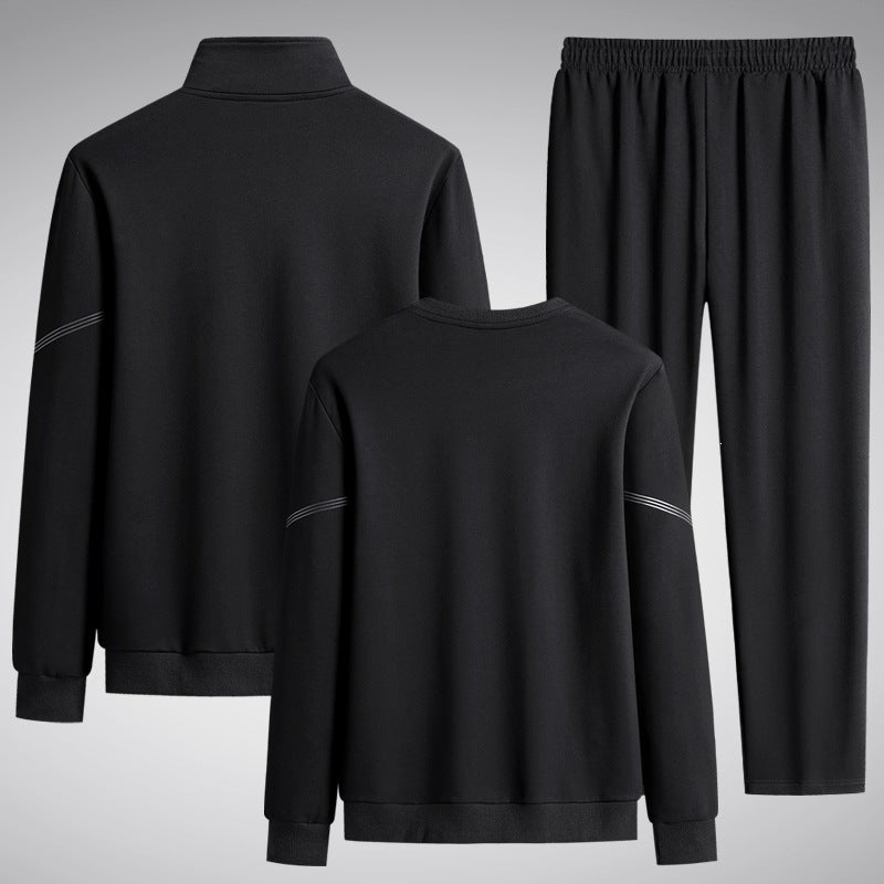 Men's Three-Piece Performance Training Set with Stand Collar Zip Jacket, Round Neck Sweater & Tapered Jogging Pants