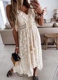 Boho Maxi Dress with Lace Accents and Decorative Tassels