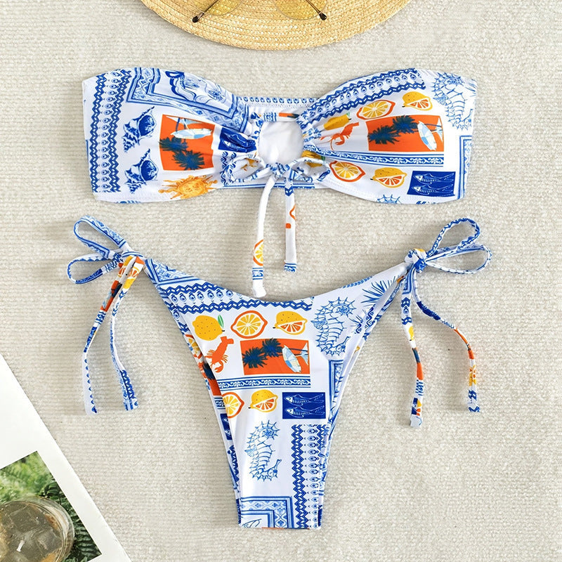 Women's Bandeau Bikini with Floral Patterns and Sophisticated Ties