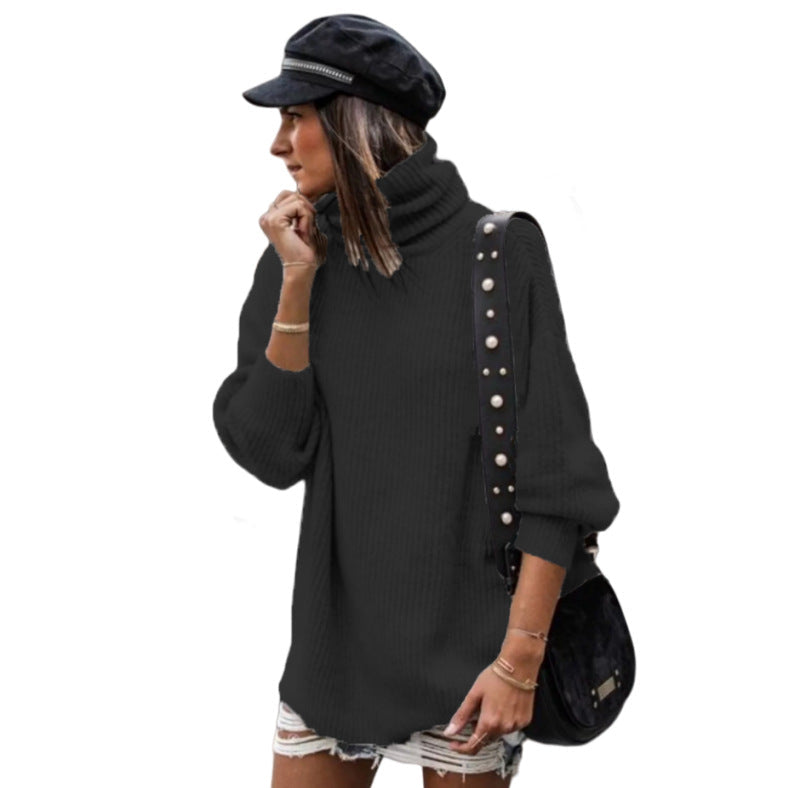 Women's Chunky Knit Sweater with High Collar and Casual Fit