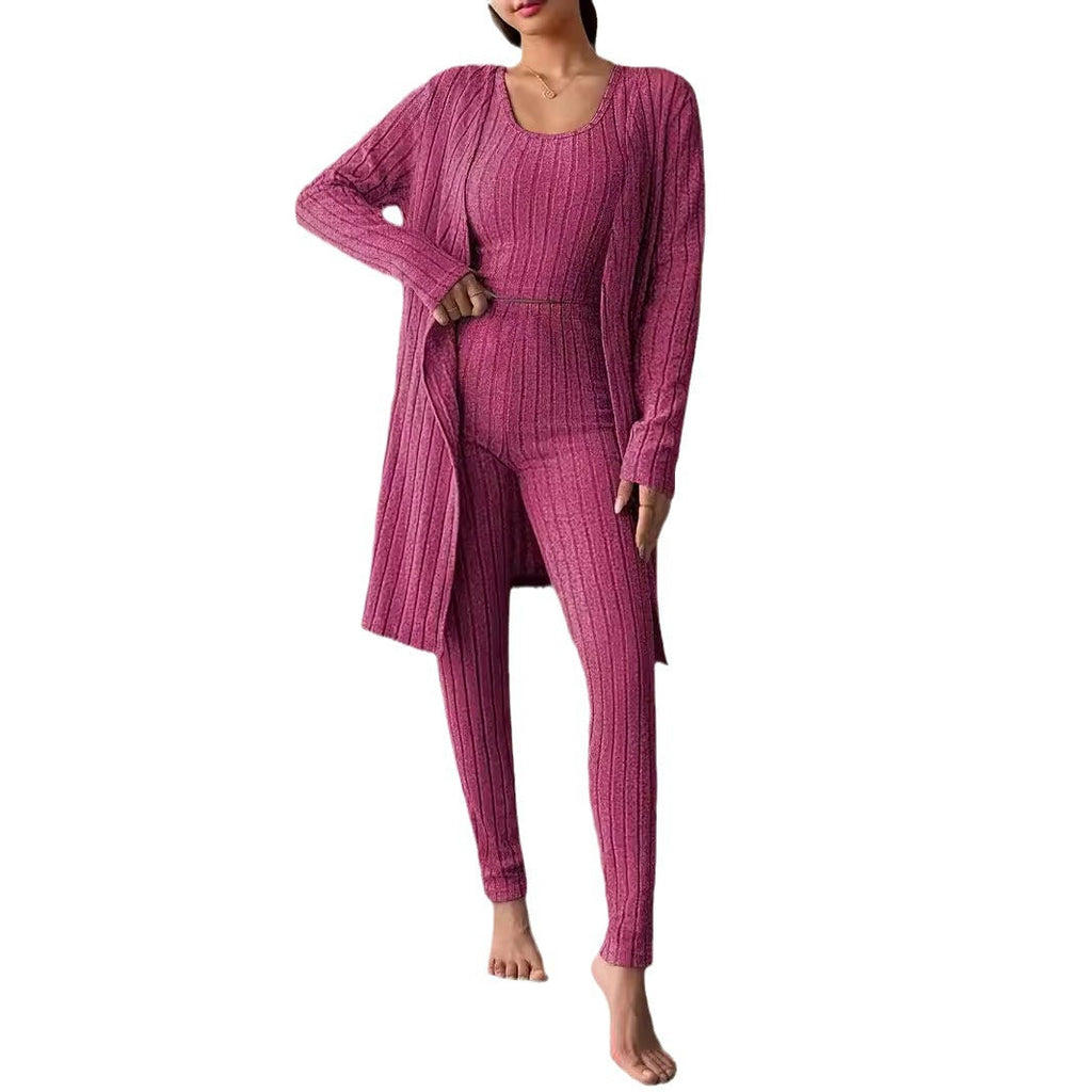 Women's Ribbed Lounge Set with Cropped Top, High-Waist Leggings and Long Cardigan