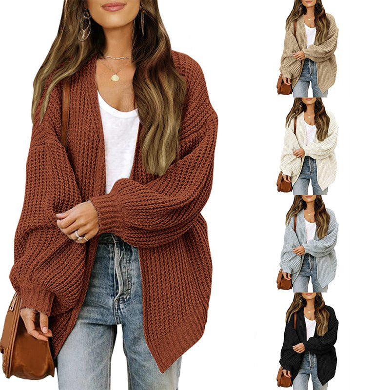 Women's Coarsely Knitted Cardigan with Dropped Shoulders
