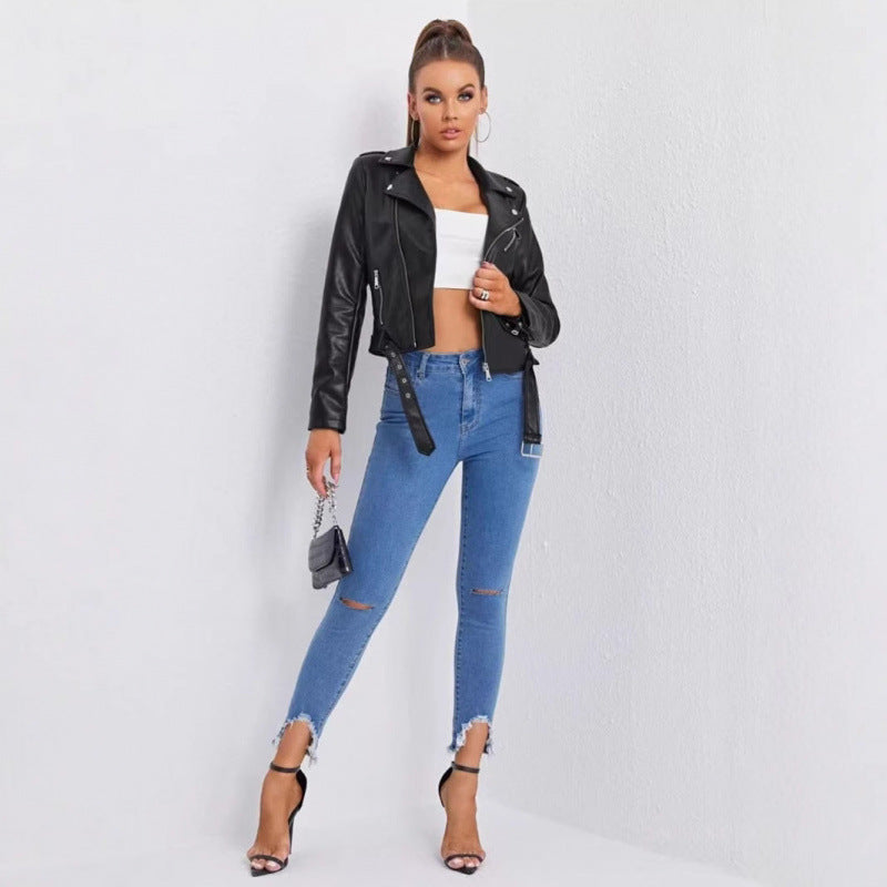 Women's Biker Jacket with Asymmetrical Zipper