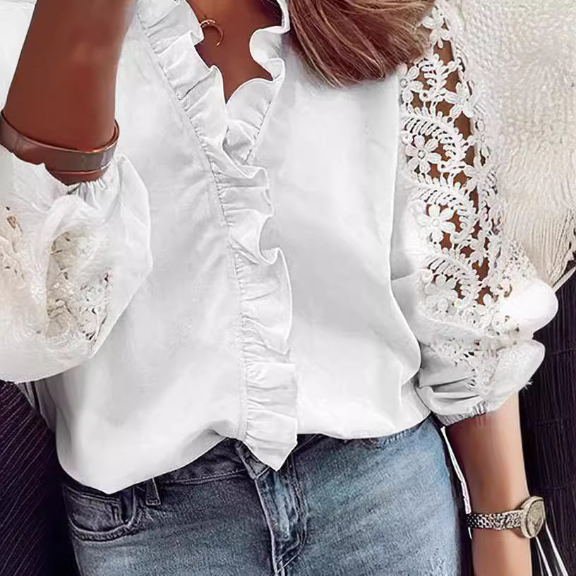 Elegant Blouse with Ruffle Details and Lace Sleeves