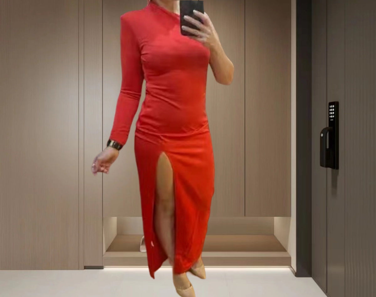 Elegant Asymmetrical Evening Dress with High Slit and Long Sleeve