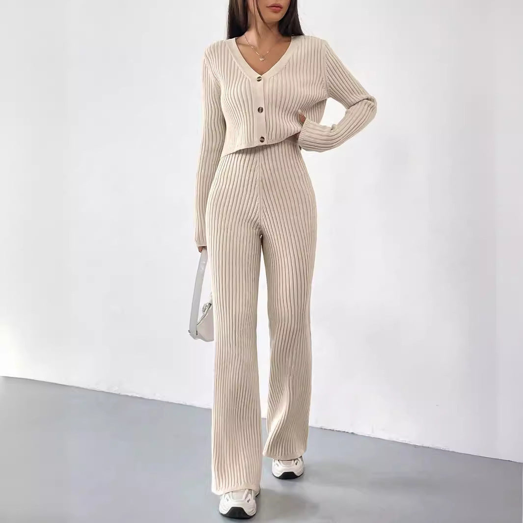Elegant Knit Lounge Set with V-Neck