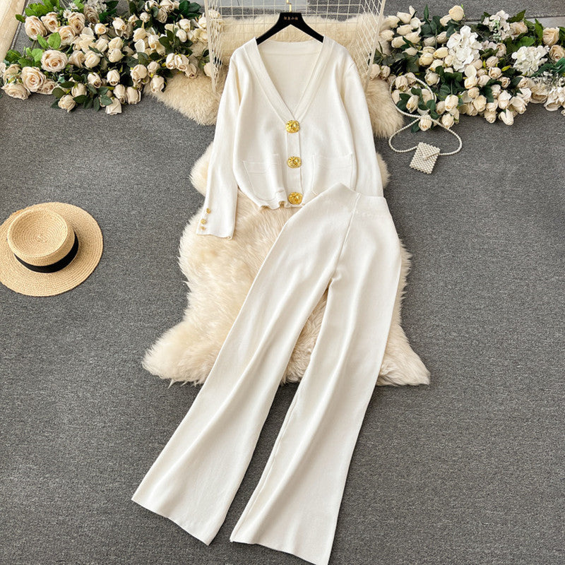 Women's Elegant Knit Loungewear Set with Decorative Buttons and Wide Leg
