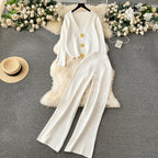 Women's Elegant Knit Loungewear Set with Decorative Buttons and Wide Leg