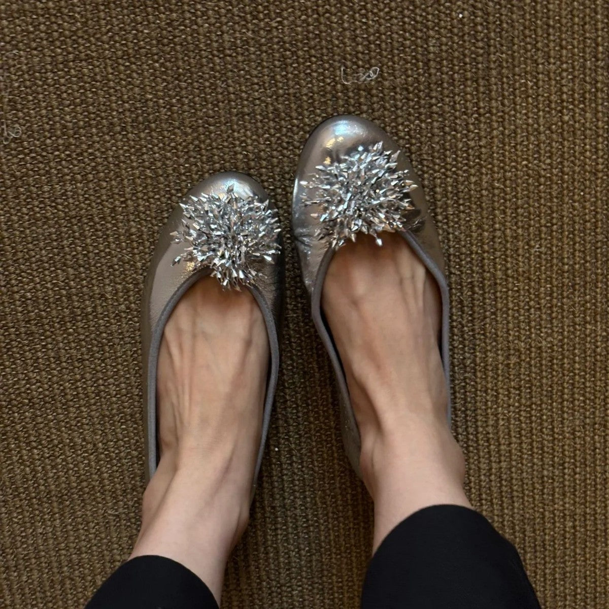 Women's Ballet Flats with Unique Floral Decor and Glossy Finish