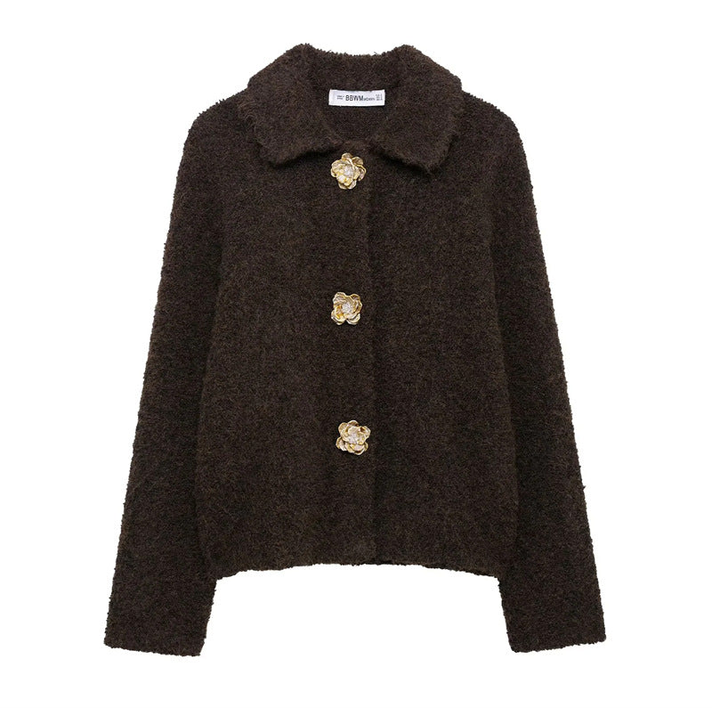 Women's Fluffy Cardigan with Decorative Flower Buttons