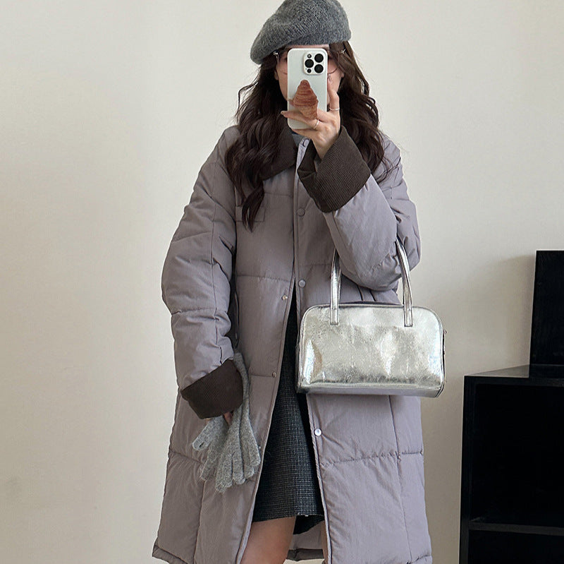 Women's Long Padded Winter Coat with Snap Button Closure