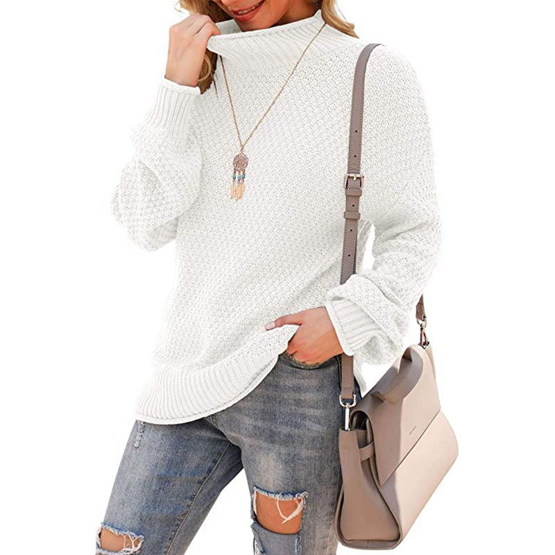 Women's Chunky Knit Sweater with High Collar and Textured Surface