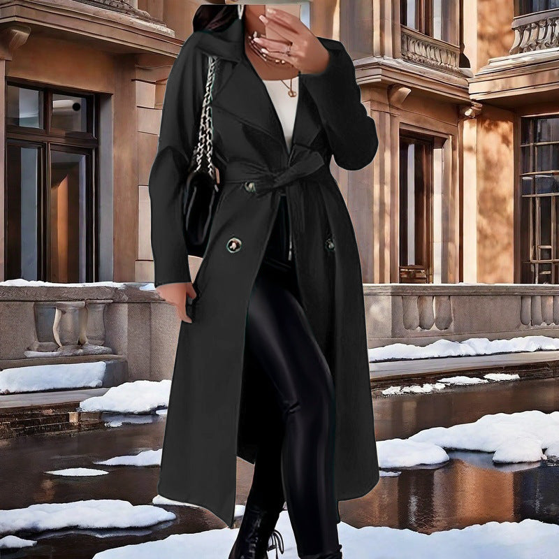Women's Elegant Trench Coat with Waist Belt and Double-Breasted Details