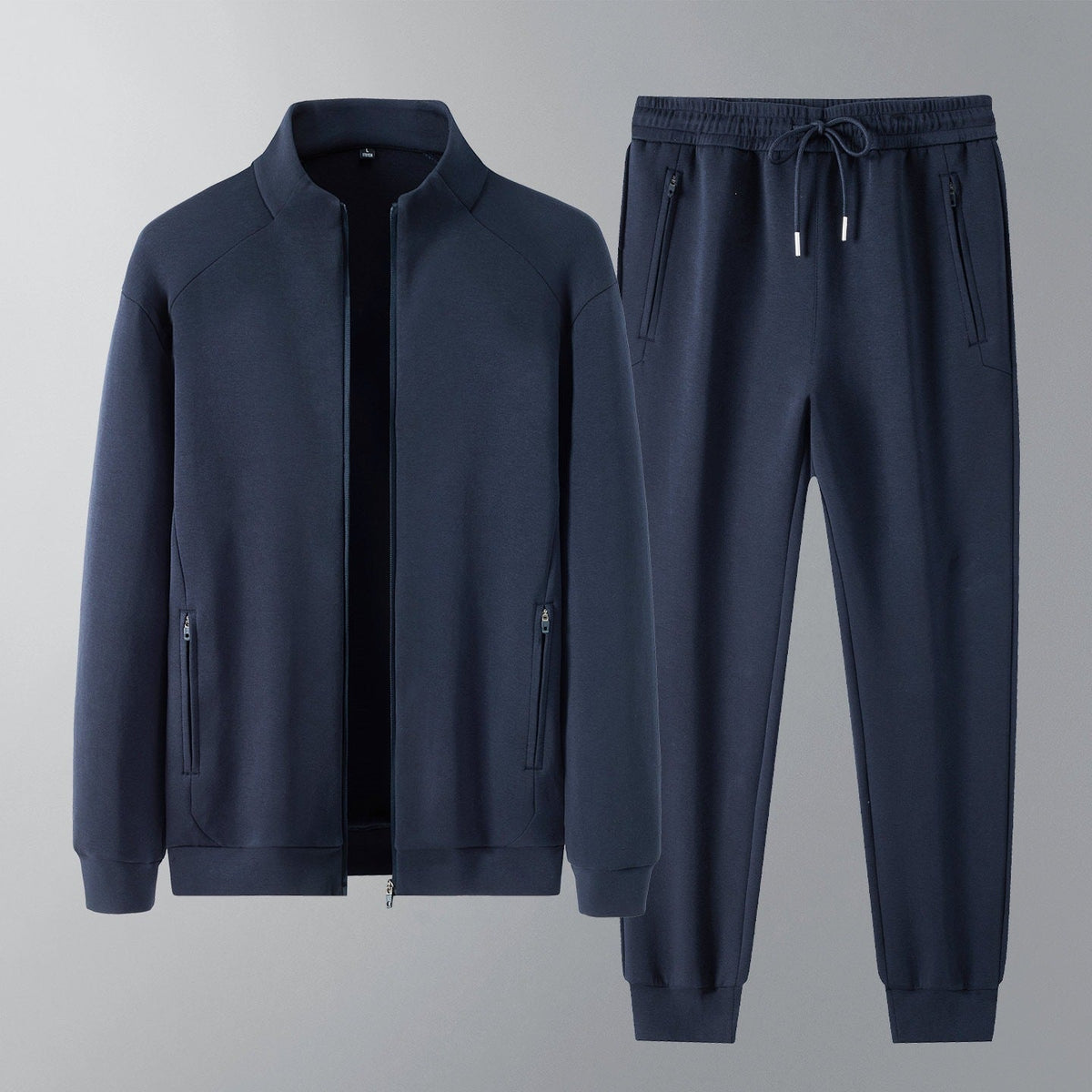 Men's two-piece minimalist jogging set with stand-up collar, two-way zipper & zip pockets