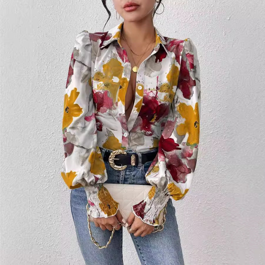 Women's Floral Print Blouse with Puff Sleeves