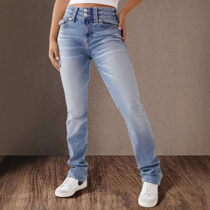 Women's High-Waisted Slim-Fit Jeans with Button Closure
